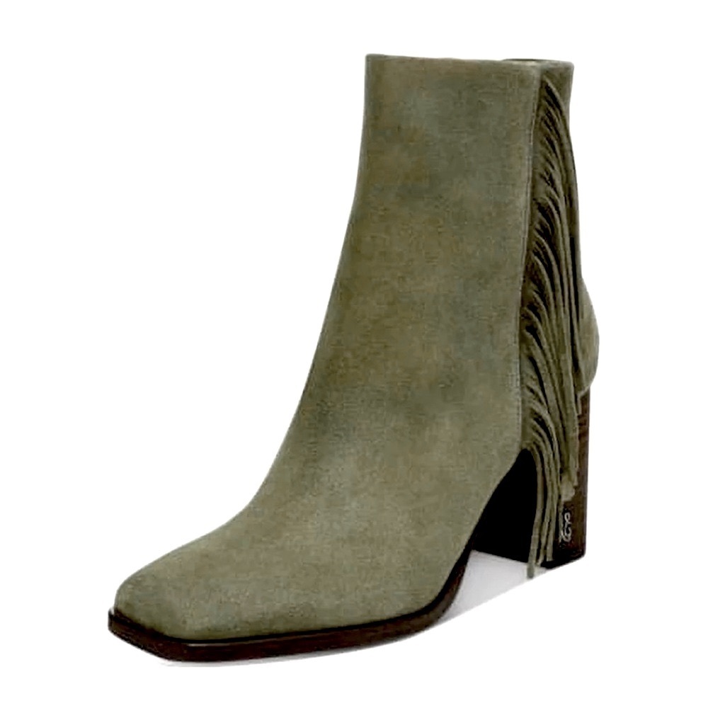 Sam Edelman Ona Olive Suede Leather Chunky Block Heel Fringe Boot Size 7.5 New